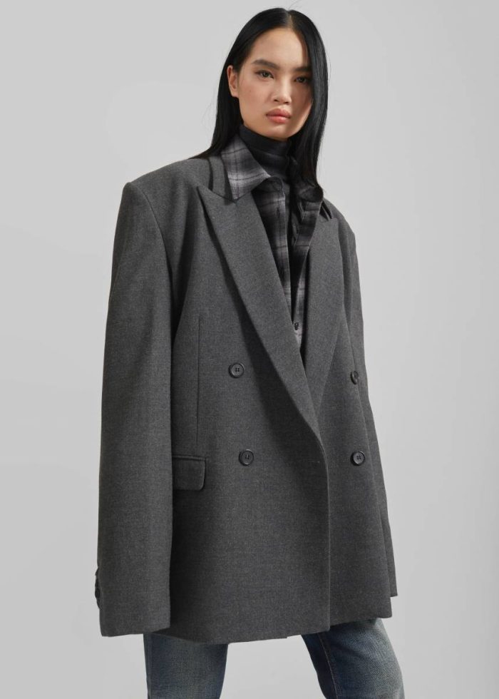 The Frankie Shop Tarvis Double Breasted Blazer - Dark Grey Grey Outerwear Women