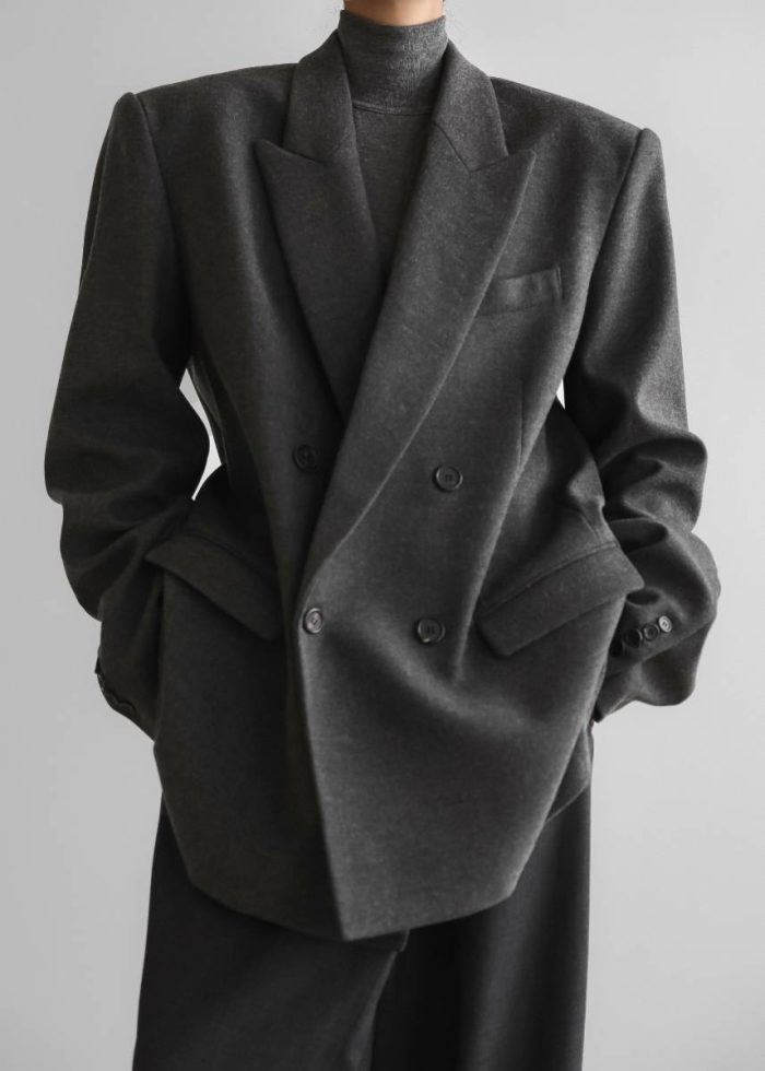 The Frankie Shop Tarvis Double Breasted Blazer - Dark Grey Grey Outerwear Women