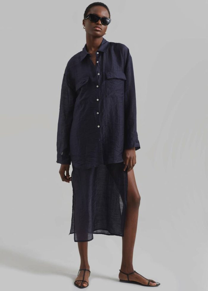 The Frankie Shop Tops Blue Madeline Sheer Shirt - Navy Women