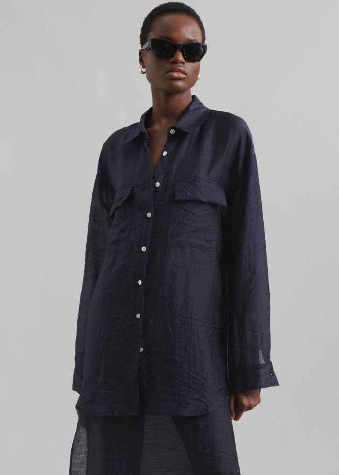 The Frankie Shop Tops Blue Madeline Sheer Shirt - Navy Women