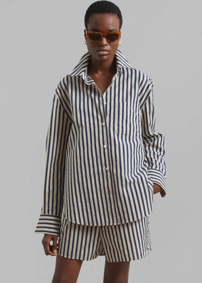 The Frankie Shop Tops Multi Lui Textured Shirt - Beige/Navy Multi Stripe Women