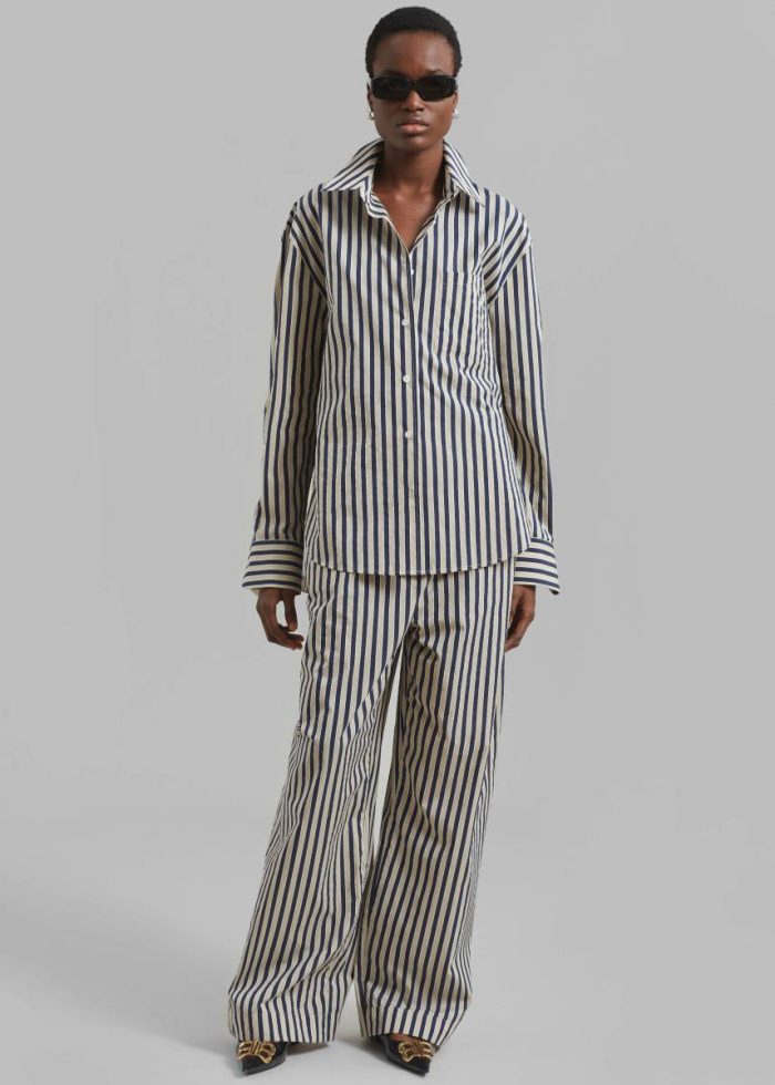 The Frankie Shop Tops Multi Lui Textured Shirt - Beige/Navy Multi Stripe Women