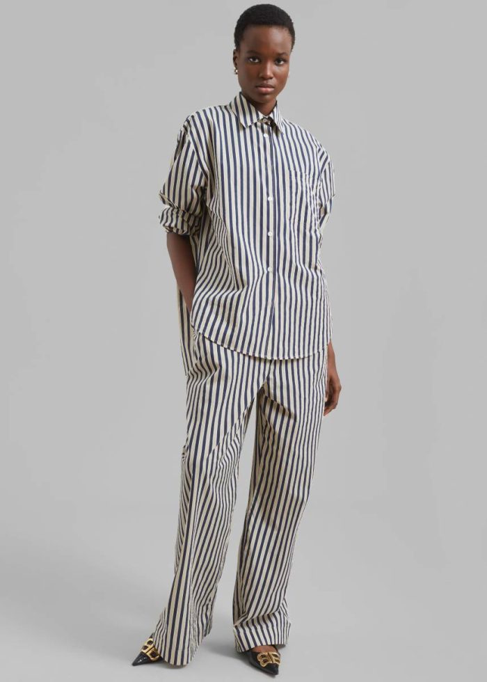 The Frankie Shop Tops Multi Lui Textured Shirt - Beige/Navy Multi Stripe Women