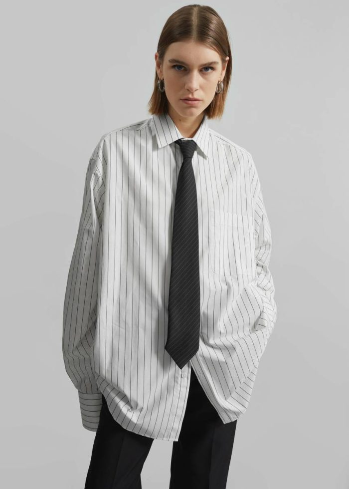 The Frankie Shop White Tops Anvers Striped Cotton Button Up Shirt - White/Black Stripe Women