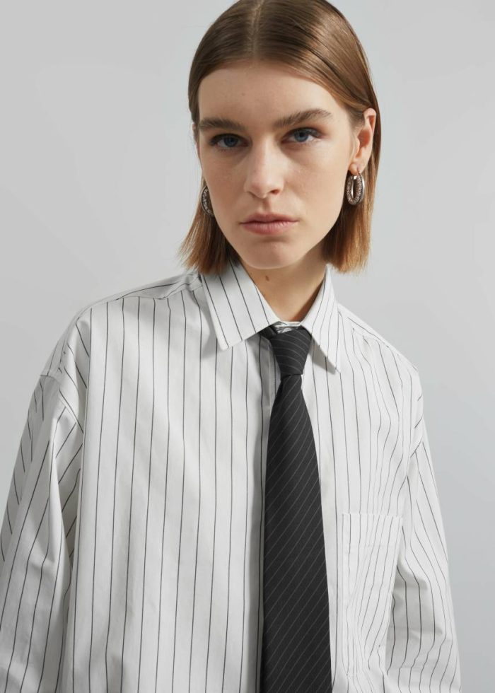 The Frankie Shop White Tops Anvers Striped Cotton Button Up Shirt - White/Black Stripe Women