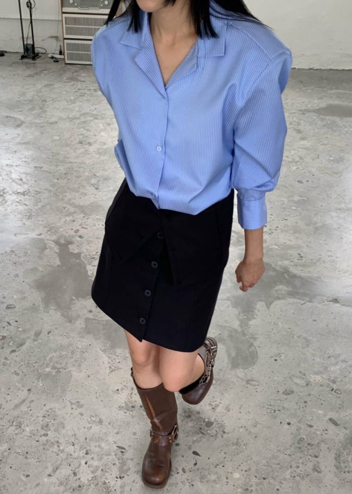 Tops Women The Frankie Shop Noah Padded Button Up Shirt - Blue Pinstripe Blue