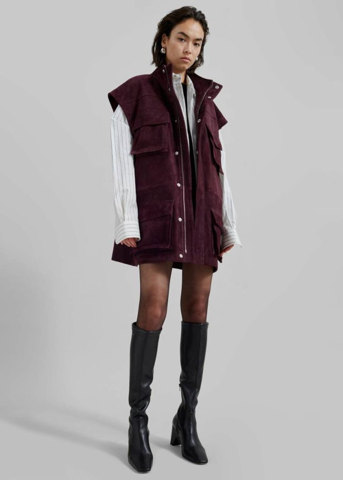 Turin Suede Cargo Jacket - Burgundy Purple Outerwear The Frankie Shop Women