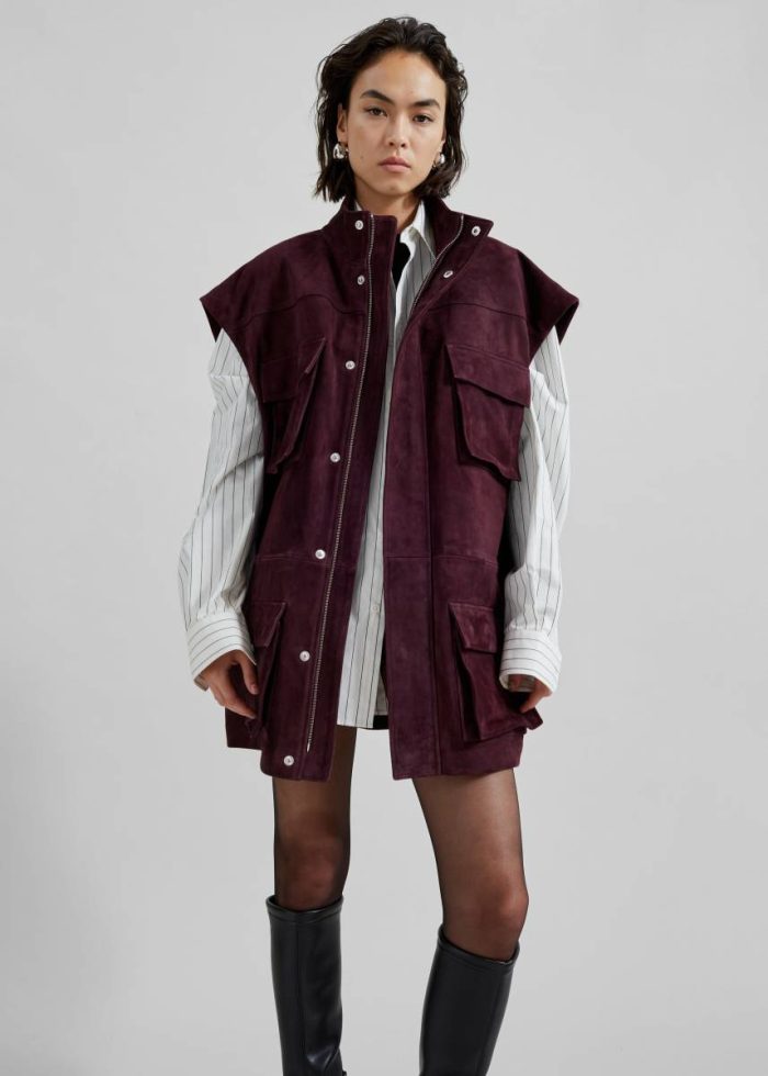 Turin Suede Cargo Jacket - Burgundy Purple Outerwear The Frankie Shop Women
