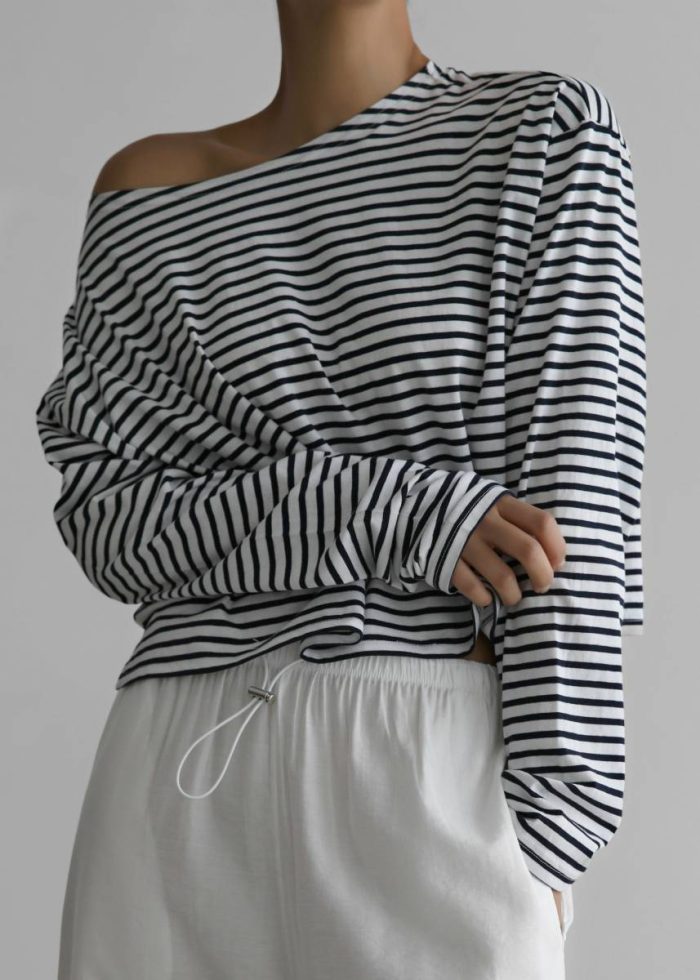 White Women The Frankie Shop Neha Cropped Top - Navy Stripe Tops