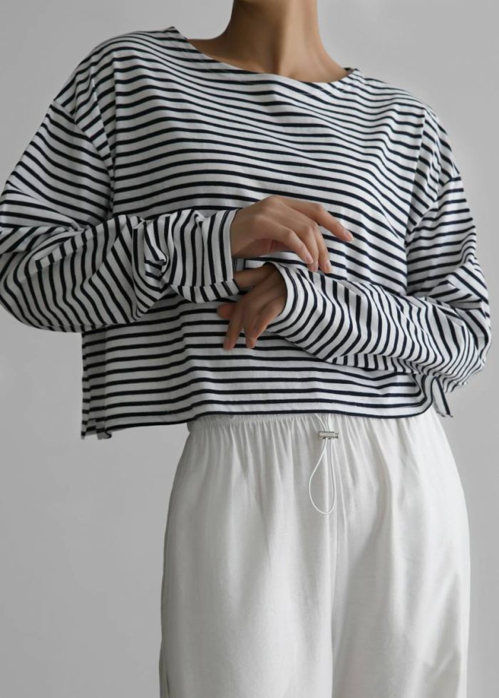 White Women The Frankie Shop Neha Cropped Top - Navy Stripe Tops