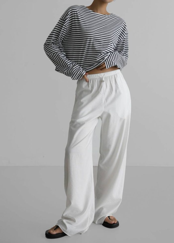 White Women The Frankie Shop Neha Cropped Top - Navy Stripe Tops
