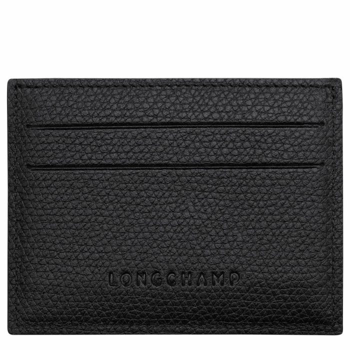 Women Black Longchamp Le Roseau Card Holder Black - Leather Cardholders & Coin Purses