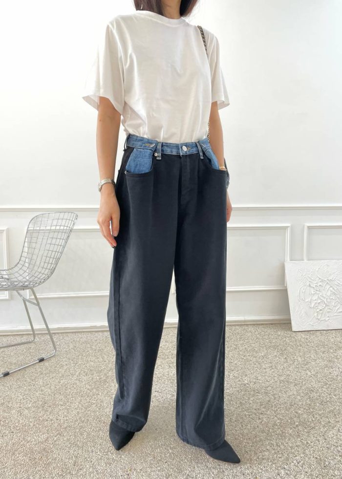 Women Bottoms Black The Frankie Shop Hayla Contrast Denim Pants - Black/Blue