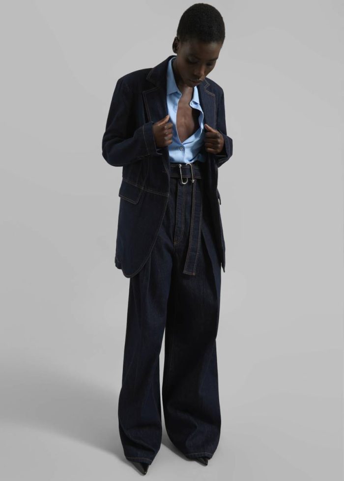Women Bottoms The Frankie Shop Sportmax Blanc High-Waisted Wide-Leg Trousers - Navy Blue