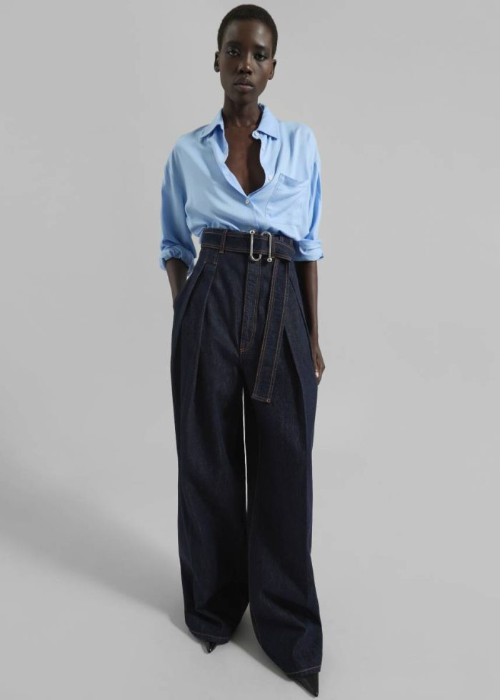 Women Bottoms The Frankie Shop Sportmax Blanc High-Waisted Wide-Leg Trousers - Navy Blue