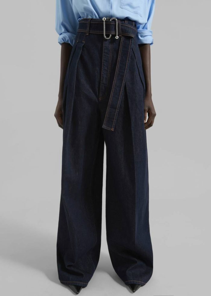 Women Bottoms The Frankie Shop Sportmax Blanc High-Waisted Wide-Leg Trousers - Navy Blue