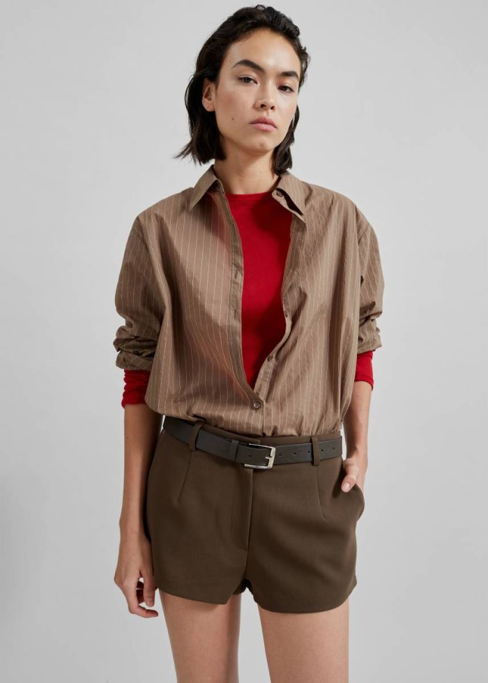 Women Brown Tops Tolu Shirt - Brown/White Pinstripe The Frankie Shop