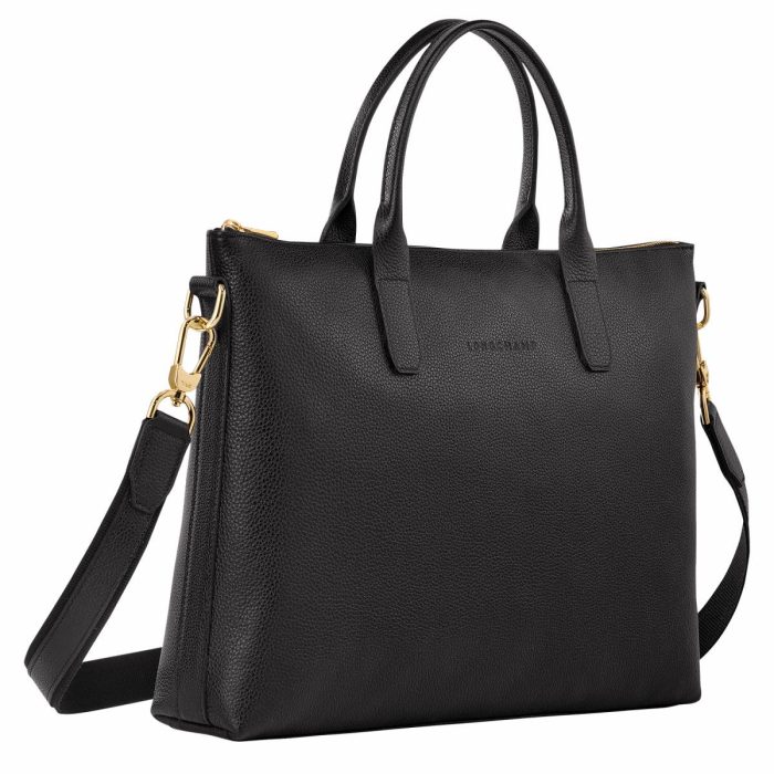 Women Longchamp Le Foulonné S Briefcase Black - Leather Black Leather Bags