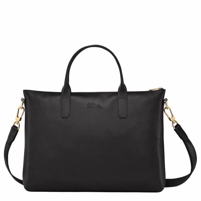 Women Longchamp Le Foulonné S Briefcase Black - Leather Black Leather Bags