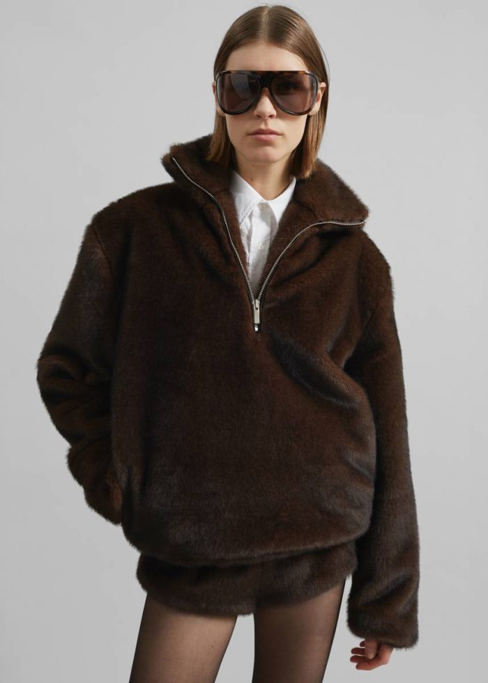 Women The Frankie Shop Banff Half-Zip Faux-Fur Pullover - Brown Tops Brown