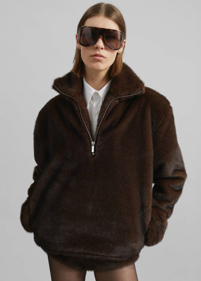 Women The Frankie Shop Banff Half-Zip Faux-Fur Pullover - Brown Tops Brown