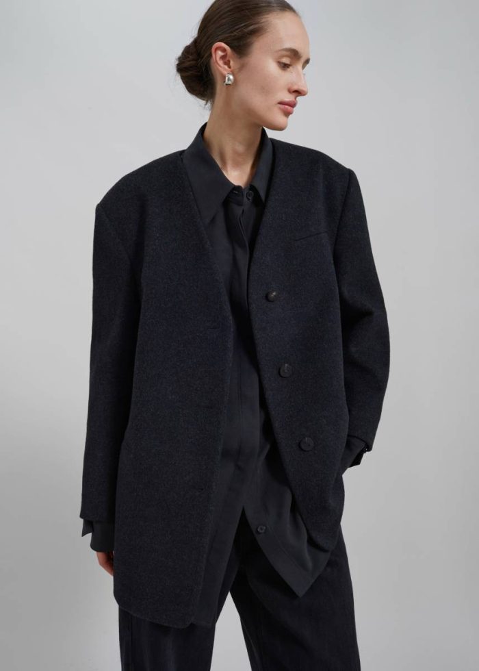 Women The Frankie Shop Black Outerwear Abina Collarless Blazer - Charcoal